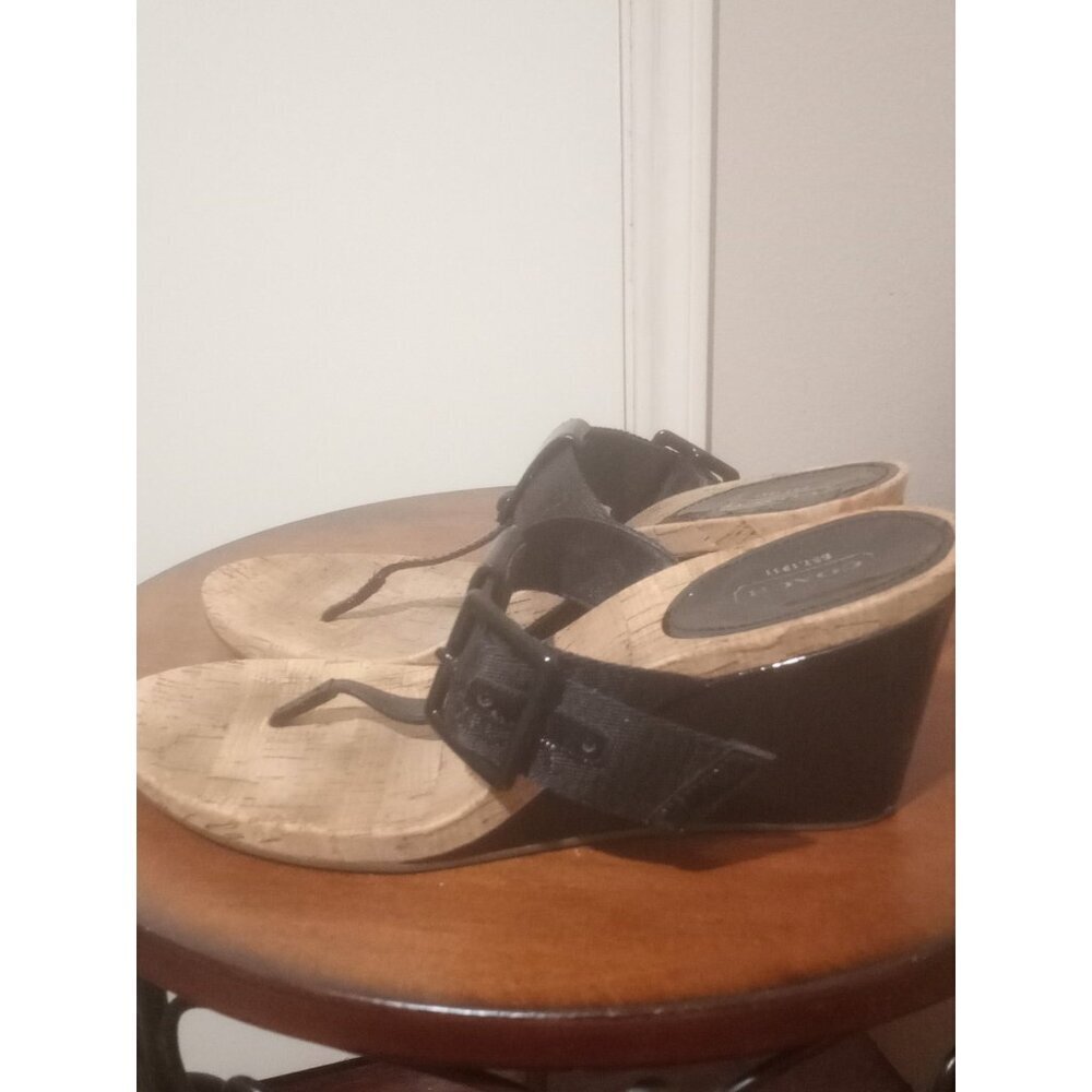 Coach Bernadette Q611 Black Patent Cork Thong Wedge Sandals Women's Size 9.5B - Picture 9 of 10